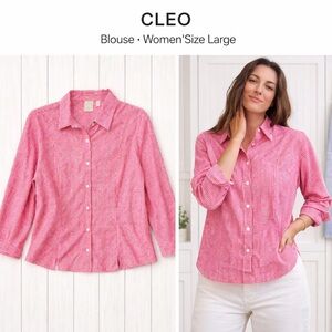 🩷 Cleo Pink & White Gingham Checkered Blouse Size Large Cotton Stretch